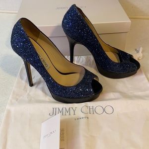 120mm Jimmy Choo navy glitter peep toe pump